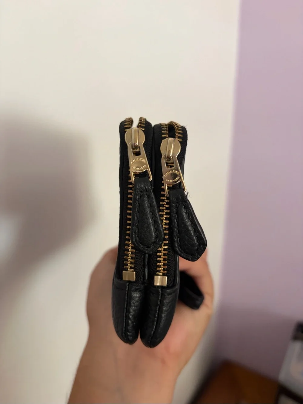 Coach Black Pebbled Leather Double Zip Wristlet with Gold Hardware